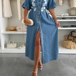 V-neck single-breasted short-sleeved dress