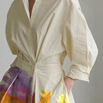 Long Sleeves Loose Floral Printed Pleated Split-Joint Tied Waist Lapel Midi Dresses Shirt Dress