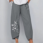 Pocket Printed Linen Loose Pants Elastic Casual Wide-Leg Cropped Pants