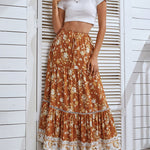 Nadorine Women's Bohemian Floral Skirt Elastic High Waist A- Line Tiered Flowy Beach Maxi Skirt
