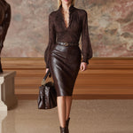 Luxury Fashion Crocodile Pattern Mocha Brown Faux Leather Skirt