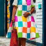 A-Line Loose Contrast Color Plaid Pleated Deep V-Neck Midi Dresses Shirt Dress