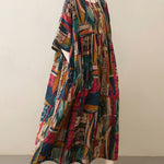 Vintage Loose Abstract Printed Pleated Round-Neck Half Sleeves Midi Dress