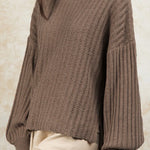 Smoke Gray Ribbed Contrast Neckline Drop Sleeve Sweater