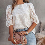 Nadorine Five Quarter Sleeves Puff Sleeves Round Neck Top Chiffon Loose Flower Texture Casual Shirt