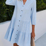 Plaid Print Shirt Dresses Button Up Split Neck Tunic Dress