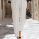 Chic Off-the-Shoulder Striped Blouse & High-Waisted Tailored Trousers Set