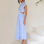 Stand Collar Solid Color Hollow Waist Long Dress