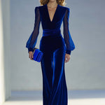 Vintage Elegant And Exquisite V-neck Mesh Long-sleeved Royal Blue Velvet Jumpsuit