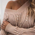 Sexy Twist V-neck Beads Long-sleeved Knit Sweater