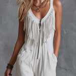 Casual Retro Western V-Neck And Fringe White Faux Suede Jumpsuit