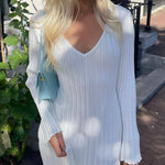 Long Sleeve Dress V-Neck Knit Maxi Dress Ribbed Elegant Long High Waist Pleated Dresses