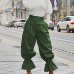 High Waisted Pleated Pockets Ruffle Trim Solid Color Pants