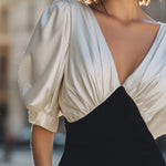 Elegant Two-Tone Puff Sleeve V-Neck Bodycon Mini Dress