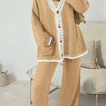Fashion Casual Knitted Long Sleeve Pocket Cardigan and Elastic Waist Loose Wide Leg Pants Set