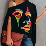 Original Asymmetric One Shoulder Face Printed Blouse Tunic Top