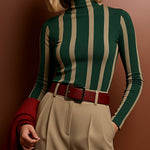 Long Sleeves Skinny Contrast Color Split-Joint Striped High Neck Blouses&Shirts Tops