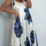 Satin Unique Print V-neck Suspender Midi Dress