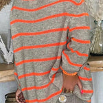 Solid Color Contrast Stripe Pullover Round Neck Loose Sweater