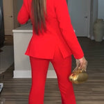 Luxe Lifestyle Single Button Lapel Blazer and Elastic Waist Pocketed Straight Suit Pants Set