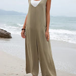 Wide Leg Jumpsuit Sleeveless V-Neck Casual Loose Jumpsuit Comfy Baggy Tank Romper with Pockets