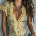 Vintage-style Printed Chiffon Blouse With Ruffles