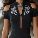 Western-style Retro Floral Embroidered Tassel Black Faux Suede Sleeveless Midi Dress