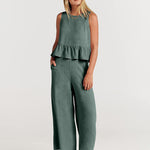 Nadorine 2 Piece Outfits Sleeveless Ruffle Tank Crop Top and Wide Leg Pants Lounge Set with Pockets