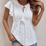 Nadorine Eyelet Tie-Neck Flutter-Sleeve Top Solid Color Casual Blouse for Women Casual Work Office Loose Fit 2026 | Under $40