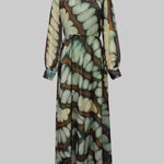 Balloon Sleeves Long Sleeves Big Hemline Contrast Color Pleated Print Zipper Stand Collar Maxi Dresses