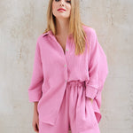 Nadorine 2 Piece Outfits Solid Color Loose Long Sleeve Button-Down Shirt High Waisted Shorts Set
