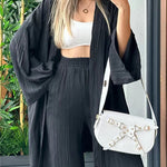 Nadorine Women's Casual Comfort Set Loose Cardigan Top & High-Waist Wide-Leg Pants with Pockets
