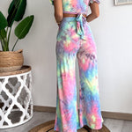 Floral Print V Neck Short Sleeves Crop Top Elastic Waist Wide Leg Pants Set
