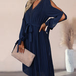 Hollow Long Sleeves Casual Ruffle V Neck Waist Dress with Belt