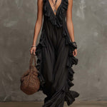 Vintage Ruffle V-Neck Tencel Faux-Denim Jumpsuit With Chiffon Trim