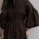 Half Sleeves Loose Buttoned Pleated Solid Color Tied Waist Stand Collar Maxi Dresses