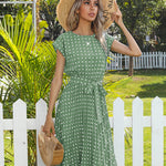 Polka Dot Midi Modest Summer Dress for Women High Waist Short Sleeve with Belt