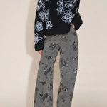 Jhenie Denim Beaded Sequin Floral Pattern Mid Rise Pocket Wide Leg Jeans