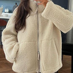 Teddy Fleece Jacket Cozy High Collar Zip-up Coat Fuzzy Winter Outwear with Pockets