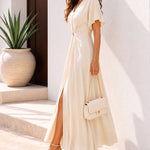 Women's Elegant V Neck Maxi Dress Casual Batwing Sleeve Pleated Long Dress Front Slit Shirred Vacation Dress