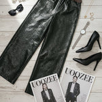 Loose Wide Leg Crocodile Texture Leather Loop Pants
