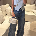 Fashion Star Rhinestone High Rise Casual Pocket Straight Loose Jeans
