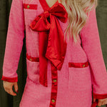 Looking Fabulous Tweed Satin Bow Patchwork Pocket H-line Mini Dress