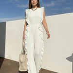Loose Sleeveless Pleated Ruffled Solid Color Split-Joint Round-Neck Jumpsuits