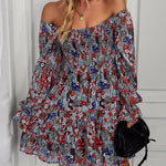 Ribbed Long Sleeve Chiffon Dress Crewneck Elegant Batwing Bohemian Floral Printed Dress