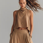Women's Sand Woven Set With Sleeveless Turtleneck & Pleated Trousers, Modern Effortless-Chic Style Set