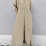 Solid Color V-neck Large Pocket Short-sleeved Linen Maxi Dress