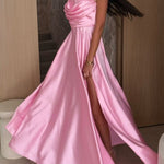 Solid Color Suspender Back Pleated Elegant Slit Full Hem Maxi Dress