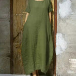Round NeckKnee Length Summer Dress Casual Short Sleeves Loose Oversized Dress