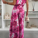 Fashionable Round Neck Shoulder Pads Top and Elastic Waist Pleated Wide-leg Pants Set